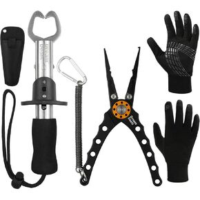 Dreamdeals Fishing Tools Set Aluminium Alloy Split Ring Pliers for Hook Removal, Fish Gripper and Water-Repellant Fishing Gloves - The Perfect Gear for Freshwater, Saltwater, Fly or Ice Fishing
