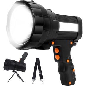 Powerful Spotlight - Super Bright 6000 Lumen Rechargeable Flashlight with 3 Light Modes, Long Battery Life, Waterproof, Durable ABS & Aluminum Alloy Construction, Adjustable Tripod & Strap
