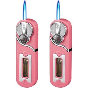 2 Pack Pink Metal Cool Lighter,Jet Torch Flame Windproof Adjustable,Refillable Butane Torch Lighters,Kitchen BBQ Candles,(No Gas)