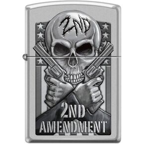 Zippo Lighter- 2nd Amendment Pistols Gun Skull Satin Chrome Windproof Lighter #Z5150