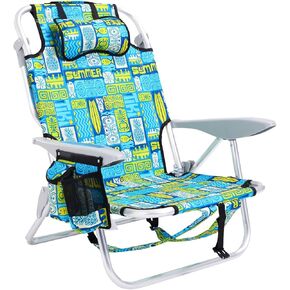 Portable Beach Chair for Adults, Outdoor Camping Chair Lay Flat Folding Backpack Beach Reclining Chair with 4 Positions, Headrest, Cooler Pouch, Cup Holder, Blue Green