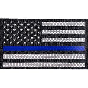 jujupups 3x5 Large Black Reflective Thin Blue Line and Red Line US USA American Flag Patch Tactical Vest Patch (Blue Line)