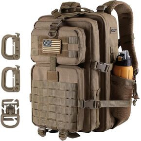 MOLLE Assault Backpack, Tactical Backpack Military Army Camping Rucksack, 3-Day Pack Trip w/USA Flag Patch, D-Rings, Coyote