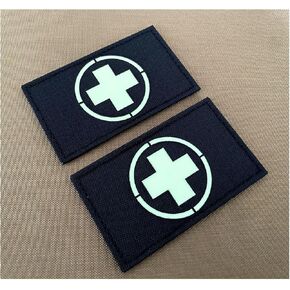 2 Pieces Glow in Dark Medic Cross First Aid Patches EMS EMT MED Medical Rescue Tactica Military with Hook and Loop Fastener Backing (Glow in Dark-Black)