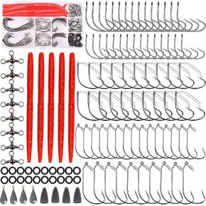 Wacky Rig Bass Fishing Hooks Kit, 116pcs Wacky Worm O Rings Weedless Wacky Rig Hooks Bass Hooks Fishing Swivels Fishing Weights Tackle Box Kit for Bass Fishing Artificial Soft Stick Baits