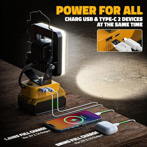مصباح عمل LED لبطارية Dewalt 20v Max، 60W مصباح فيضانات LED لاسلكي مع 4 درجات حرارة ألوان، مصباح كشاف محمول، مصابيح كاشفة عالية اللومن مع منافذ شحن USB/Type-C لورشة العمل، المرآب in Kuwait