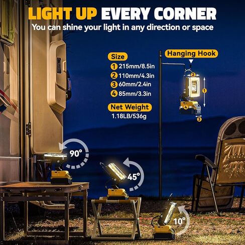 مصباح عمل LED لبطارية Dewalt 20v Max، 60W مصباح فيضانات LED لاسلكي مع 4 درجات حرارة ألوان، مصباح كشاف محمول، مصابيح كاشفة عالية اللومن مع منافذ شحن USB/Type-C لورشة العمل، المرآب in Kuwait