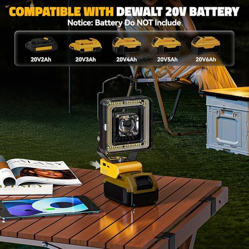 مصباح عمل LED لبطارية Dewalt 20v Max، 60W مصباح فيضانات LED لاسلكي مع 4 درجات حرارة ألوان، مصباح كشاف محمول، مصابيح كاشفة عالية اللومن مع منافذ شحن USB/Type-C لورشة العمل، المرآب in Kuwait