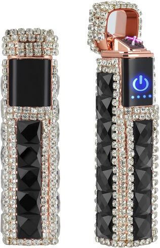 Electric Lighter Bling Glitter USB Rechargeable Lighters Cigarette Lighter with Rhinestone, for Girl Women, All Black in Kuwait