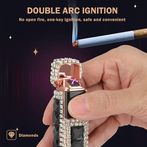 Electric Lighter Bling Glitter USB Rechargeable Lighters Cigarette Lighter with Rhinestone, for Girl Women, All Black in Kuwait