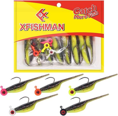 Crappie-Baits- Plastics-Jig-Heads-Kit-Shad-Fishing-Lures-for Crappie-Panfish-Bluegill-20Piece Kit - 15 Bodies- 5 Crappie Jig Heads in Saudi Arabia