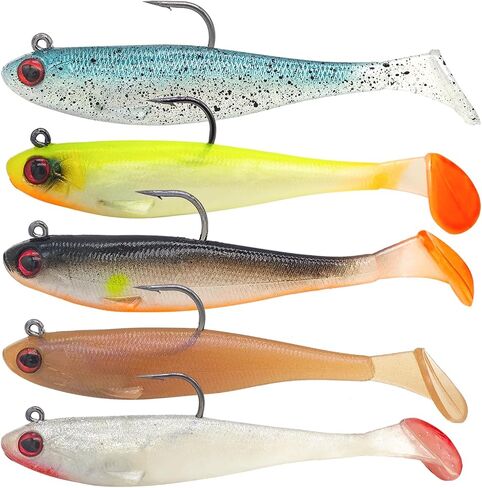 5PCS Pre-Rigged Jig Head Soft Fishing Lures with Paddle Tail, Swim Baits 3D Eyes Spinner Blades for Bass Fishing, Fishing Bait for Freshwater Saltwater, Fishing Lures for Bass Trout Walleye Crappie in Saudi Arabia
