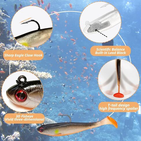 5PCS Pre-Rigged Jig Head Soft Fishing Lures with Paddle Tail, Swim Baits 3D Eyes Spinner Blades for Bass Fishing, Fishing Bait for Freshwater Saltwater, Fishing Lures for Bass Trout Walleye Crappie in Saudi Arabia