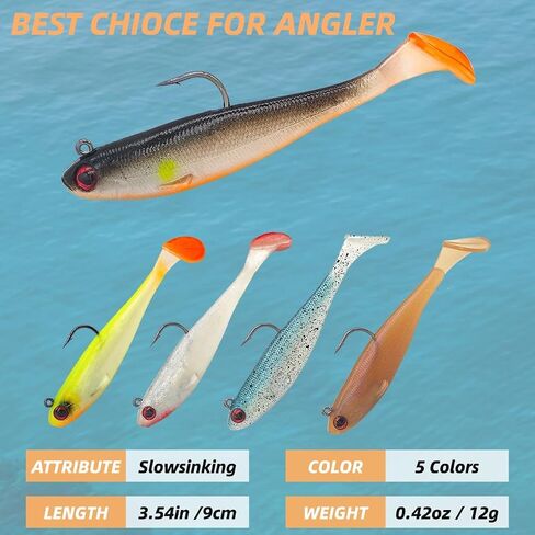 5PCS Pre-Rigged Jig Head Soft Fishing Lures with Paddle Tail, Swim Baits 3D Eyes Spinner Blades for Bass Fishing, Fishing Bait for Freshwater Saltwater, Fishing Lures for Bass Trout Walleye Crappie in Saudi Arabia