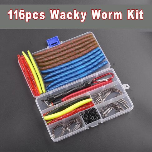 Wacky Worm Fishing Lures Kit, Bass Fishing Wacky Rig Kit Soft Plastic Lures Wacky Worm Tool Wacky O-Rings Weedless Worm Hooks Tackle for Bass Fishing in Saudi Arabia