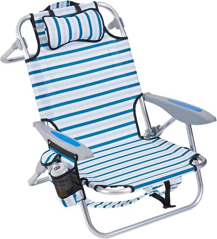Portable Beach Chair for Adults, Outdoor Camping Chair Lay Flat Folding Backpack Beach Reclining Chair with 5 Positions, Headrest, Cup Holder, Heavy Ocean Striped in Saudi Arabia