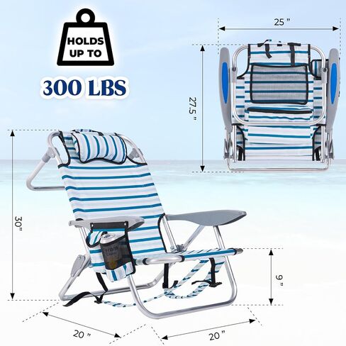 Portable Beach Chair for Adults, Outdoor Camping Chair Lay Flat Folding Backpack Beach Reclining Chair with 5 Positions, Headrest, Cup Holder, Heavy Ocean Striped in Saudi Arabia