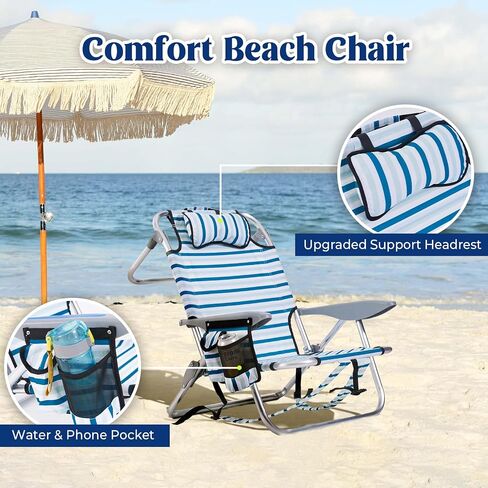 Portable Beach Chair for Adults, Outdoor Camping Chair Lay Flat Folding Backpack Beach Reclining Chair with 5 Positions, Headrest, Cup Holder, Heavy Ocean Striped in Saudi Arabia