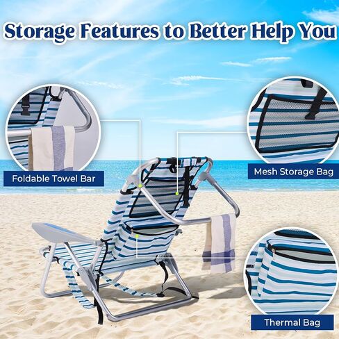 Portable Beach Chair for Adults, Outdoor Camping Chair Lay Flat Folding Backpack Beach Reclining Chair with 5 Positions, Headrest, Cup Holder, Heavy Ocean Striped in Saudi Arabia