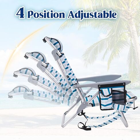 Portable Beach Chair for Adults, Outdoor Camping Chair Lay Flat Folding Backpack Beach Reclining Chair with 5 Positions, Headrest, Cup Holder, Heavy Ocean Striped in Saudi Arabia