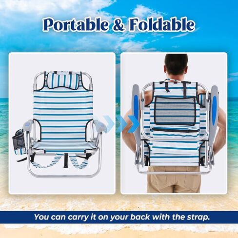 Portable Beach Chair for Adults, Outdoor Camping Chair Lay Flat Folding Backpack Beach Reclining Chair with 5 Positions, Headrest, Cup Holder, Heavy Ocean Striped in Saudi Arabia