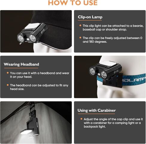 LED Hat Clip Light 400 Lumen Rechargeable Clip on Cap Lights with Motion Sensor, 180° Adjustable Hands Free Hat Flashlight Headlamp for Camping, Fishing, Hiking in Saudi Arabia