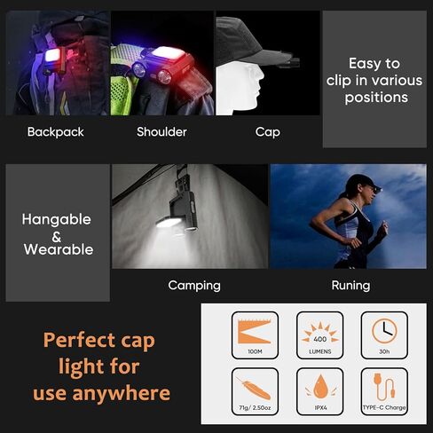 LED Hat Clip Light 400 Lumen Rechargeable Clip on Cap Lights with Motion Sensor, 180° Adjustable Hands Free Hat Flashlight Headlamp for Camping, Fishing, Hiking in Saudi Arabia