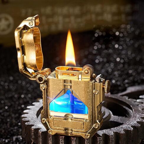 ولاعة خندق الكيروسين الرائعة Steampunk مع ضوء LED أزرق، ولاعة ميكانيكية شفافة مبتكرة هدايا فريدة للرجال (ذهبي) in Kuwait