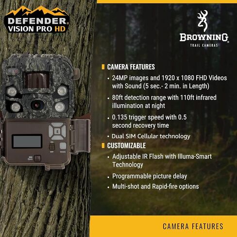 كاميرا Browning Trail Cameras Defender Vision Pro HD 24MP مزدوجة الشريحة لألعاب الصيد - هوائي فائق الكسب، نطاق كشف ليلي 110 بوصة وتوافق مع تطبيقات الهاتف الذكي (OVIX Camo) in Saudi Arabia