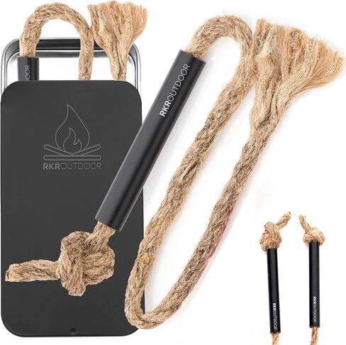 Survival Fire Tinder Wick + Bellow - حبل من الجوت المملوء بالشمع مع منفاخ من الألومنيوم الأسود - حبل فتيل قنب مقاوم للماء يعمل مع مشعلات الحريق الصوان بقضيب حديدي in Saudi Arabia