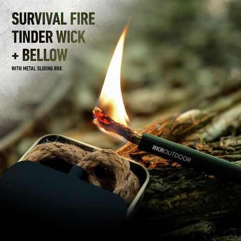 Survival Fire Tinder Wick + Bellow - حبل من الجوت المملوء بالشمع مع منفاخ من الألومنيوم الأسود - حبل فتيل قنب مقاوم للماء يعمل مع مشعلات الحريق الصوان بقضيب حديدي in Saudi Arabia