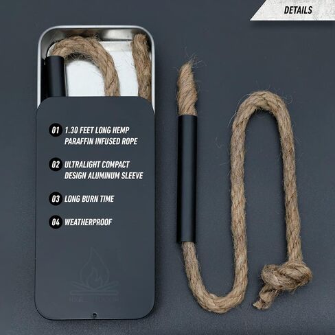 Survival Fire Tinder Wick + Bellow - حبل من الجوت المملوء بالشمع مع منفاخ من الألومنيوم الأسود - حبل فتيل قنب مقاوم للماء يعمل مع مشعلات الحريق الصوان بقضيب حديدي in Saudi Arabia