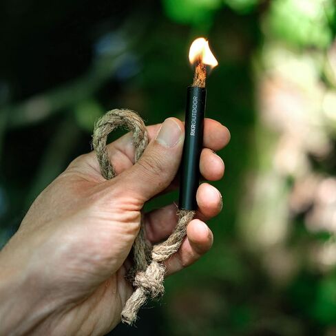 Survival Fire Tinder Wick + Bellow - حبل من الجوت المملوء بالشمع مع منفاخ من الألومنيوم الأسود - حبل فتيل قنب مقاوم للماء يعمل مع مشعلات الحريق الصوان بقضيب حديدي in Saudi Arabia
