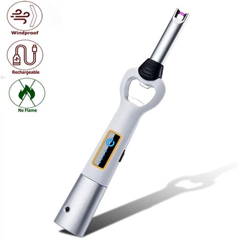 ولاعة مطبخ كهربائية طويلة USB، متعددة الاستخدامات ولاعة للتخييم ولاعة شموع، مثالية كهدية عيد الميلاد، عديمة اللهب بدون البيوتان (أبيض فضي) in Kuwait