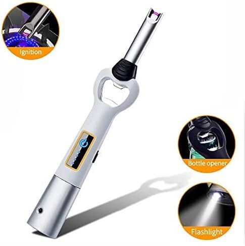 ولاعة مطبخ كهربائية طويلة USB، متعددة الاستخدامات ولاعة للتخييم ولاعة شموع، مثالية كهدية عيد الميلاد، عديمة اللهب بدون البيوتان (أبيض فضي) in Kuwait