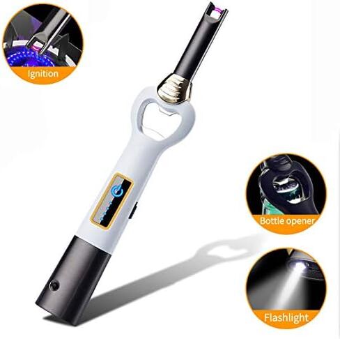 Long USB Electric Kitchen Lighter, Verstile Use as Camping Lighter and Candle Lighter, Ideal as Christmass Gift, Flameless without Butane (White Silver) in Saudi Arabia