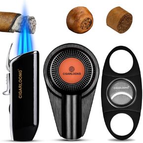 Cigar Cutter and Lighter Ashtray 3 Pieces Set, Stainless Steel Sharp Cigar Cutter & Triple Jet Flame Lighter with Punch & Travel Single Cigar Ashtray (Black) Gifts for Men