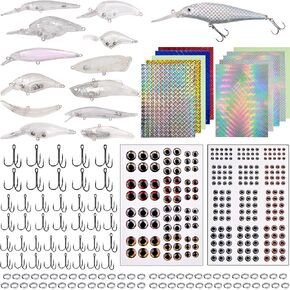Unpainted Fishing Lures Making Kit, 321pcs DIY Blank Crankbaits Minnow Hard Bait Set with Treble Hooks,Split Rings,3D Eyes,Fishing Lure Stickers Pliers DIY Fishing Tackle