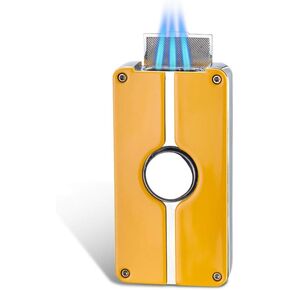 Jet Lighter Torch Lighter, 3 Flame Butane Refillable Cigar Lighter with Visible Gas Tank and Cigar Punch Cigar,Windproof Lighters Cigarette Ignition Without Gas,Adjustable Flame Size(Black）