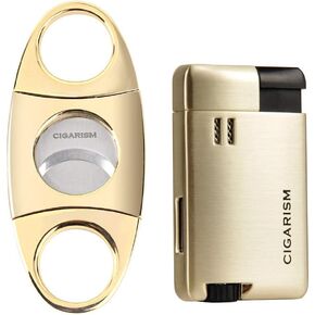 Gold Metal Plating Cigar Lighter and Champagne Cigar Cutter Set