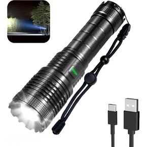 XHP70 Rechargeable LED Flashlights, 15000 High Lumens Flashlight, Super Bright Zoomable IPX4 Waterproof Flashlight with 5 Modes, Powerful Handheld Flashlight for Emergencies, Camping, Hiking