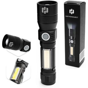 Hayvenhurst LED Flashlight - EDC Flashlight - Tactical Flashlight - 3 in 1 Lightweight, Compact and Rechargeable Pocket Flashlight with Lavish Black Body for Emergency Power Outage