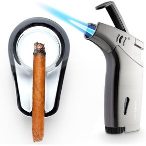 Torch Lighter and Ashtray Set, Single Jet Flame Lighter Refillable without Butane Gas, Crystal Glass Ashtray, Cigar Gift for Men