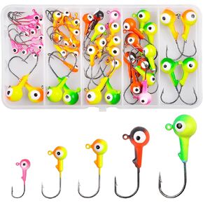 Fishing Jig Head Hooks Kit, 50pcs Round Ball Fishing Lures Jig Head Painted Fishing Jig Hooks for Crappie Bass Trout Saltwater Freshwater Assorted Jig Bait 3/8 1/4 1/8 1/16 1/32oz
