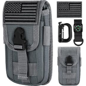 bvya Tactical Molle Phone Pouch, Smartphone Waist Belt Holster Buckle Closure EDC Utility Card Holder with Flag Patch, Compass and 1 D-ring for iPhone 15 Pro Max/14 Pro Max/13 Pro Max/12 Pro Max