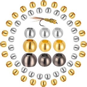 225pcs Fly Tying Beads for Fishing, 2.0mm(#18-20 Hook)/2.4mm(#16-18 Hook)/3.2mm(#10-12 Hook) Copper Round Ball Beads for Fish Hunting Attraction-75 Gold & 75 Silver & 75 Black