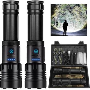 Tactical Flashlight Rechargeable, Super Bright Flashlight 900,000 Lumens, 7 Lighting Modes, Long-Lasting and Water Resistance - LED Tactical Flashlight for Home, Camping - 2PCS