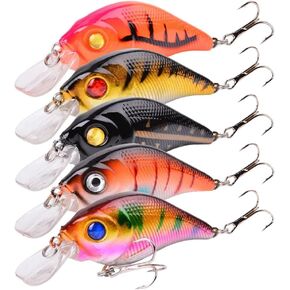 5Pcs Crankbaits Lures Kit, Crankbait Fishing Lures Kit with Treble Hooks Fishing Lures Tackle Fake Bait Kit Fishing Accessories for Bass Trout Salmon Fishing Lovers