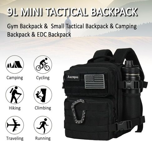 Mini Tactical Backpack, 9L Small Gym Backpacks Sport Bag for Men Women Molle Military Pack with US Flag Patch and Carabiner (Black) in Saudi Arabia