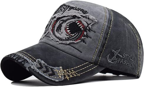 LOCOMO Men Women Shark Distressed Vintage Baseball Cap Fishing Hat Trucker Snapback Bill Brim Sun Cap Dark Gray in Kuwait